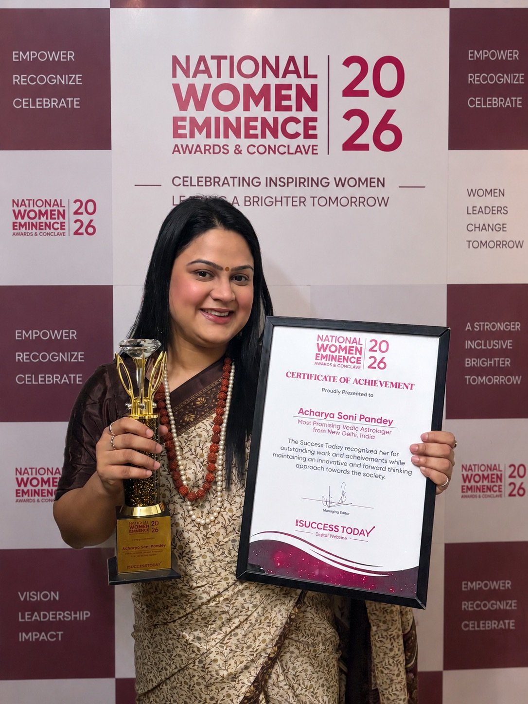 Acharya Soni Pandey with her National Women Eminence Award 2026